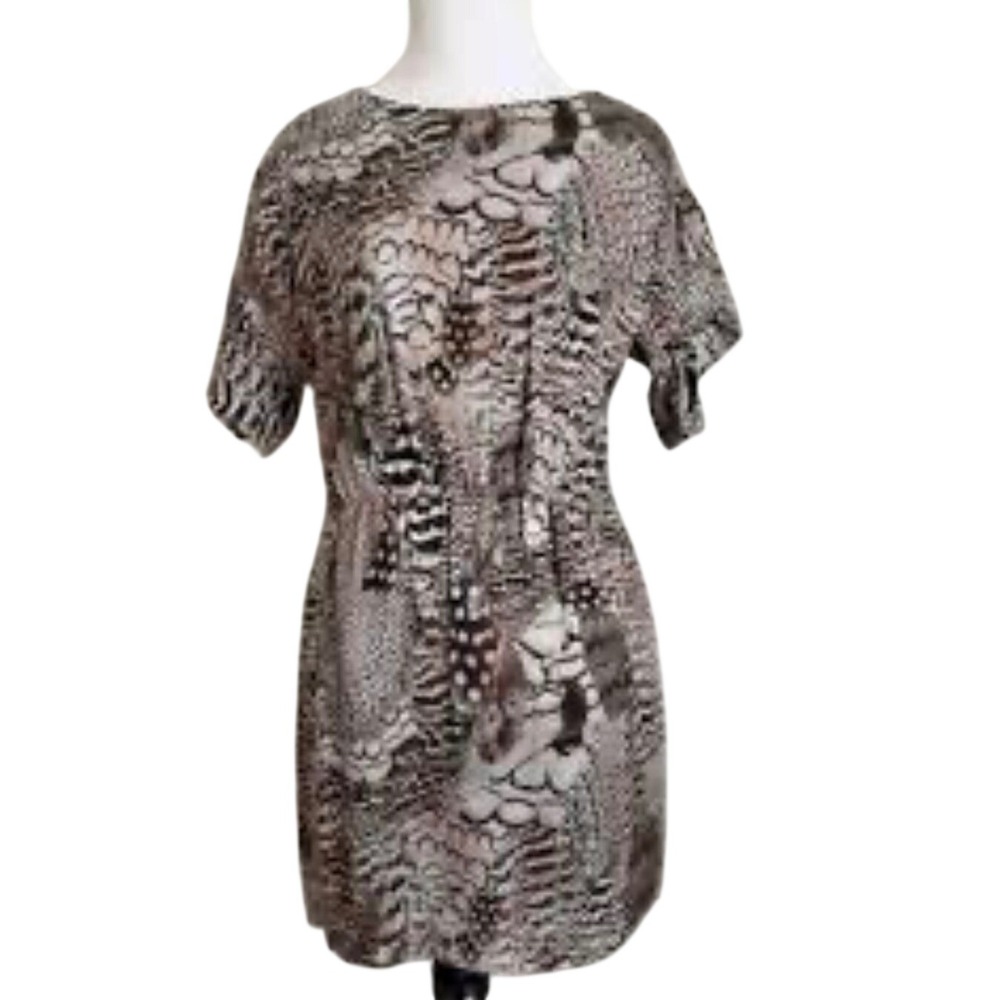 Rag & Bone 100% Silk Feather Print Dress Brown Neutral Short Sleeve Size 8